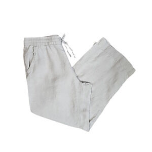 LL Bean Wide Leg Linen Pants Women 14 Tan Drawstring Elastic Waist Beach Coastal